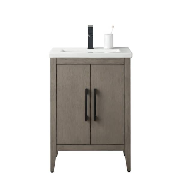 24 in. W x 18.5 in D x 34 in. H Single Sink Bathroom Vanity Cabinet in Driftwood Gray with Ceramic Top in White
