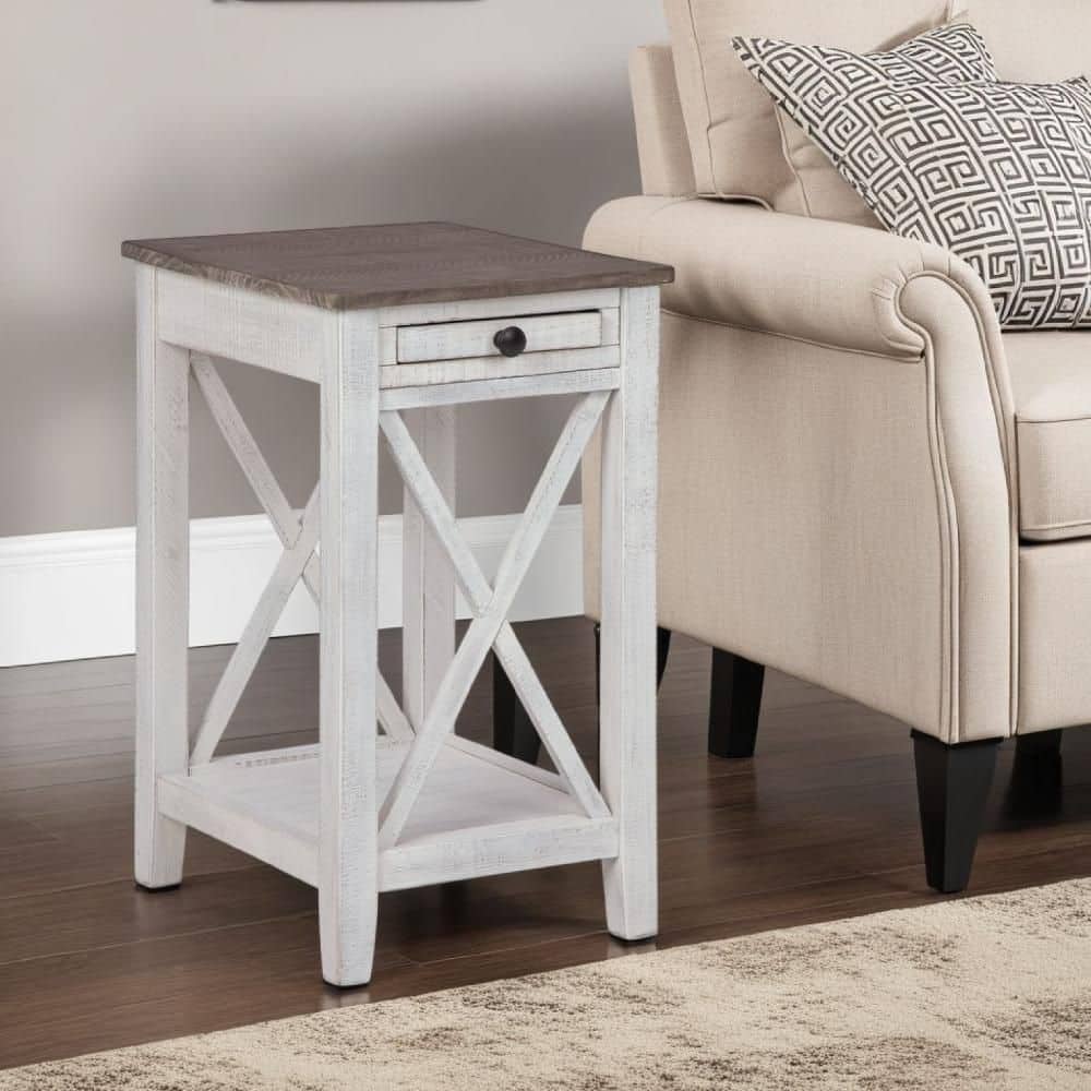 10 in. Distressed White and Gray Rectangle Wooden End Table with 1 Drawer and Shelf