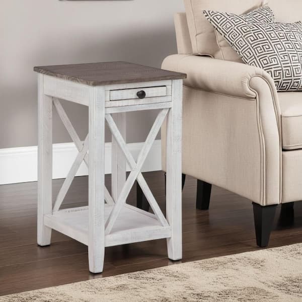 Benjara 14 in. Distressed White and Gray Rectangle Wooden End Table with 1 Drawer and Shelf
