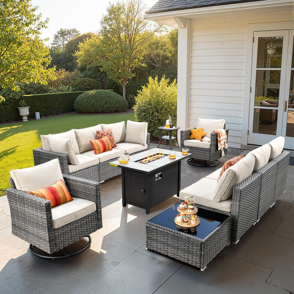 テーブル・チェア・ハンモック BONFIRE GO OUTSIDE HOOOWOOO Crater Grey 10-Piece Wicker Outdoor Patio Fire Pit