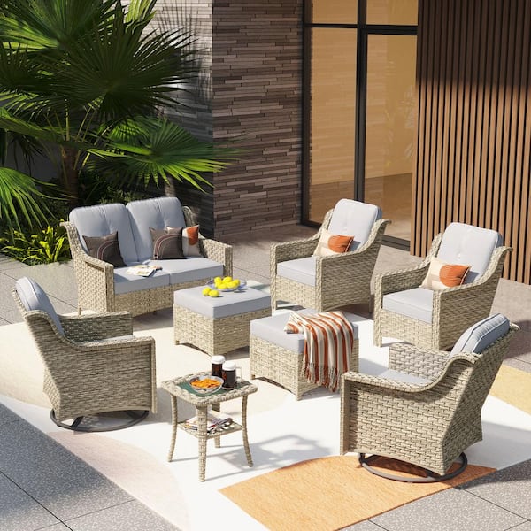 Tulip J Gray 8-Piece Wicker Patio Outdoor Conversation Sofa Set with Swivel Rocking Chairs and Light Gray Cushions