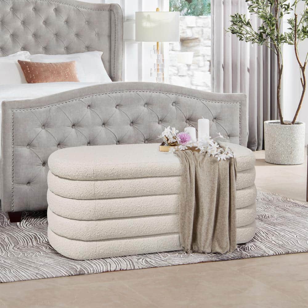 Ivory White Boucle 49" Upholstered Oval Storage Bench with Horizontal Tufting