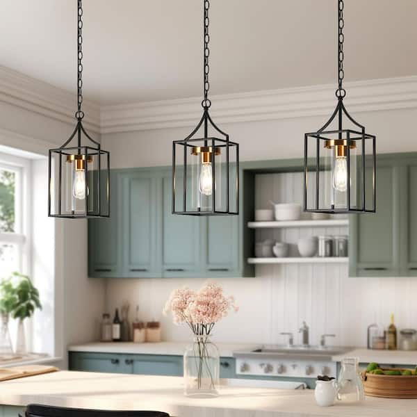 Modern Black Pendant Light Industrial 1-Light Cage Pendant Light with Cylinder Clear Glass Shade and Brass Accents