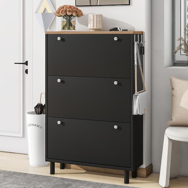 Harper & Bright Designs 47.2 in. H x 47.2 in. W Black Wood Shoe Storage  Cabinet with 4 Flip Drawers, Adjustable Shoe Racks, Grain Pattern Top  LXY038AAB - The Home Depot