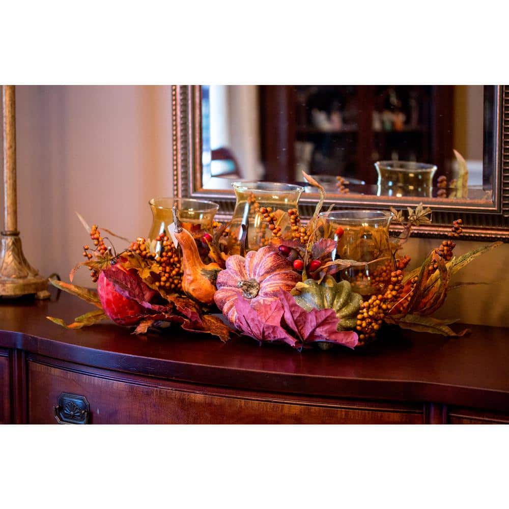 Harvest Triple Glass Candelabrum with Autumn Fruits and Foliage