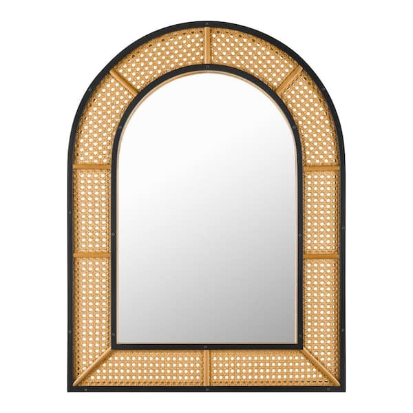 24 in. W x 32 in H Medium Arched Natural and Black Rattan Cane Mirror