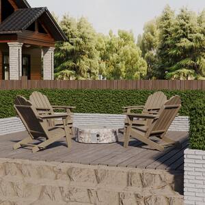 28 in. 5-Piece Metal Patio Fire Pit Set Fire Pit Table and Gray Brown Adirondack Chairs w/Cup Holder and Umbrella Holder