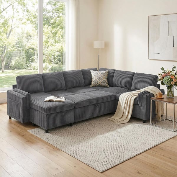 Hawthorne Modern 111 in. Corduroy Fabric Upholstered U-Shaped Sectional Sofa in Grey, Pull Out Sofa Bed with USB Ports