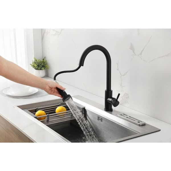 Maincraft 16 in. 360° Spout Swivel Single-Handle Pull Down Sprayer Kitchen Faucet Stainless Steel in Matte Black