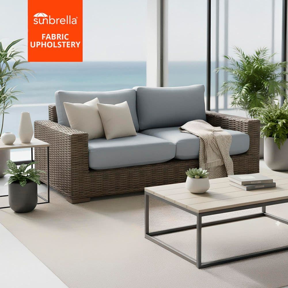 Larry Lava Gray Premier Rattan Wicker Outdoor Loveseat with Soft Light Blue Cushions