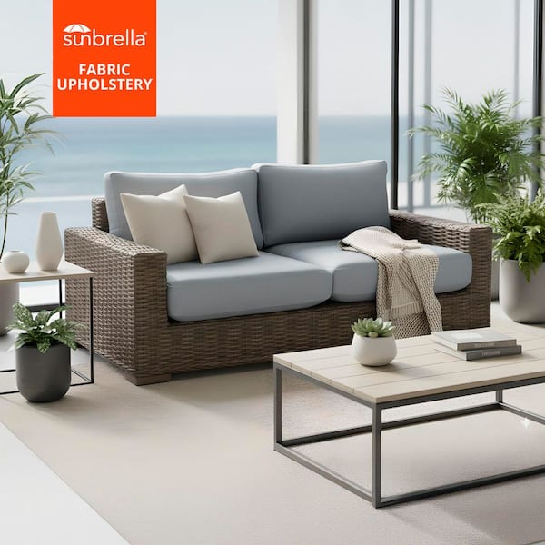 Larry Lava Gray Premier Rattan Wicker Outdoor Loveseat with Soft Light Blue Cushions