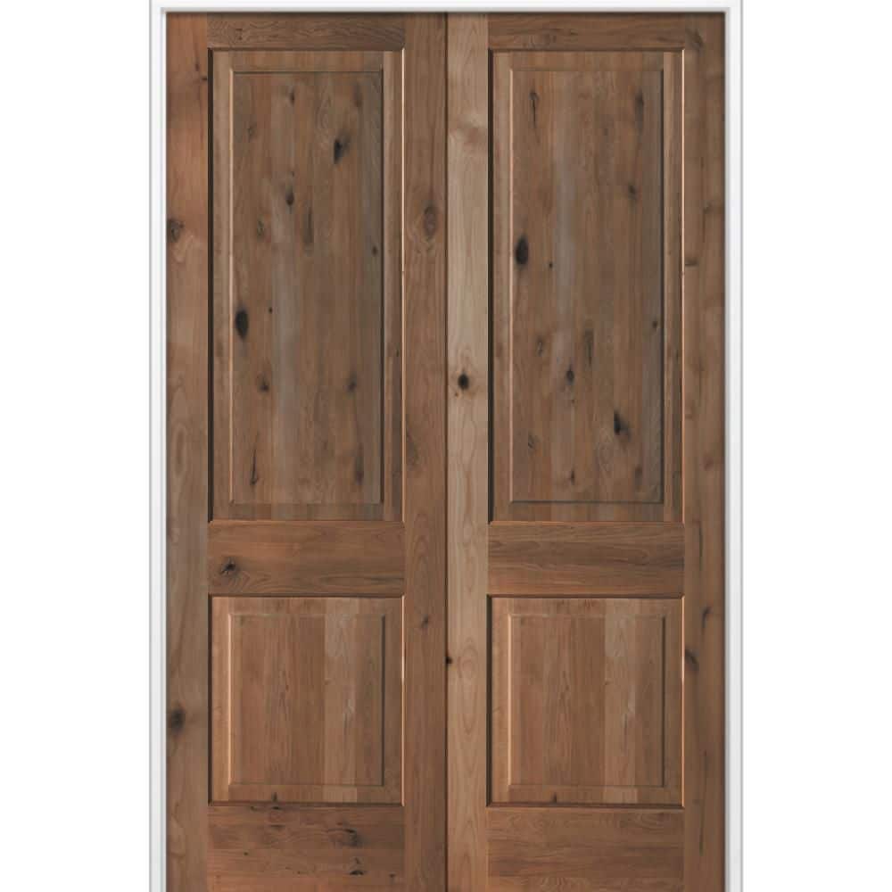 60 in. x 80 in. Rustic Knotty Alder 2-Panel Both Active Solid Core BEHR True Black Stain Double Prehung Interior Door price history on PriceWatchPro
