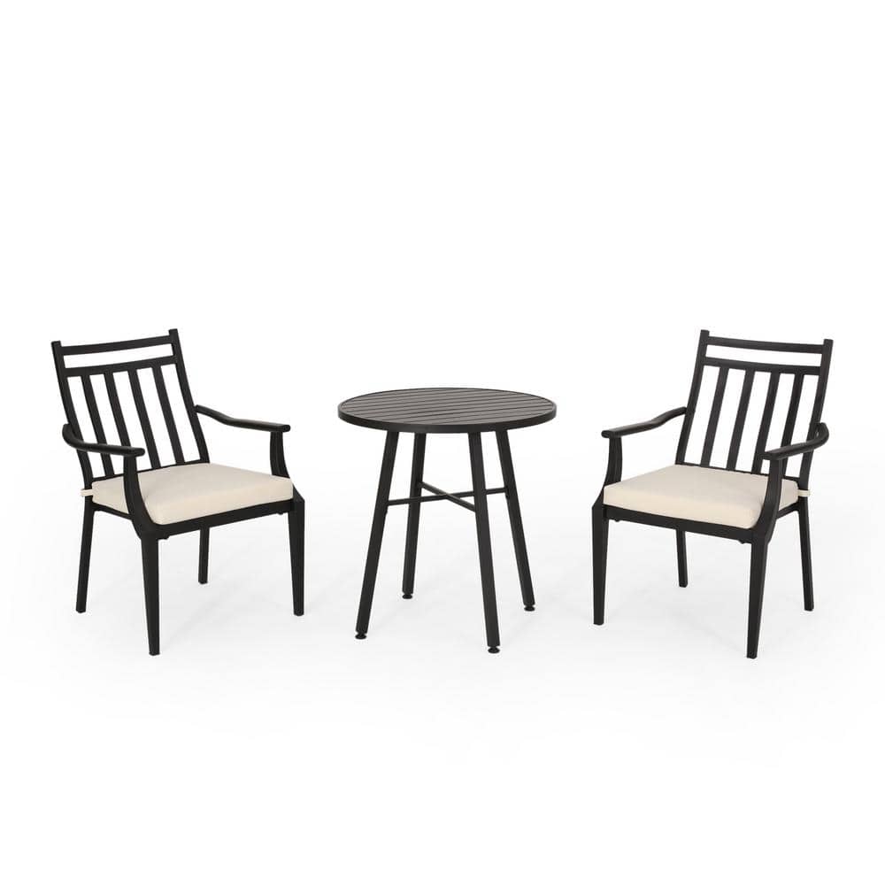 3-Piece Metal Outdoor Bistro Set with Beige Cushions, A Table and 2 Chairs,