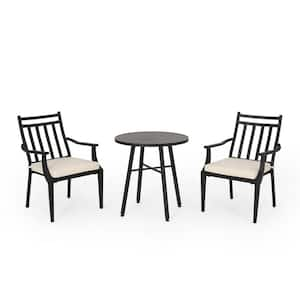 3-Piece Metal Outdoor Bistro Set with Beige Cushions, A Table and 2 Chairs, Classic Design for Patio, Garden, Black