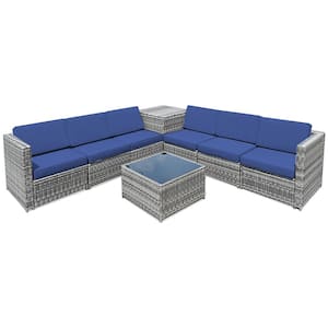 8-Piece Wicker Patio Conversation Set Rattan Furniture Storage Table with Navy Cushions