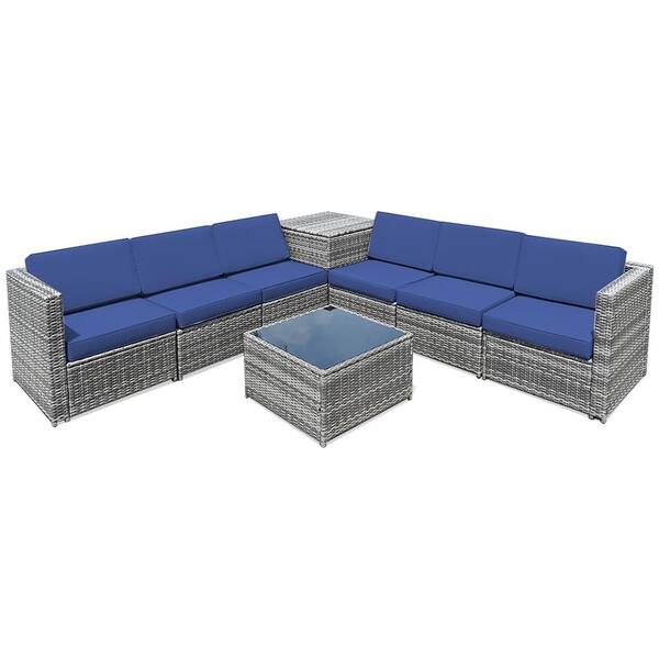 Costway 8-Piece Wicker Patio Conversation Set Rattan Furniture Storage Table with Navy Cushions