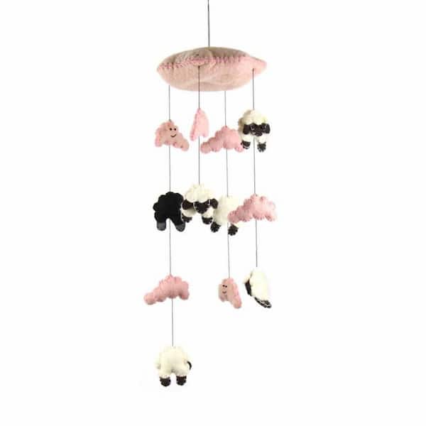 Baby Mobile With Felt Doe and Little Pink and Cream Pompoms 