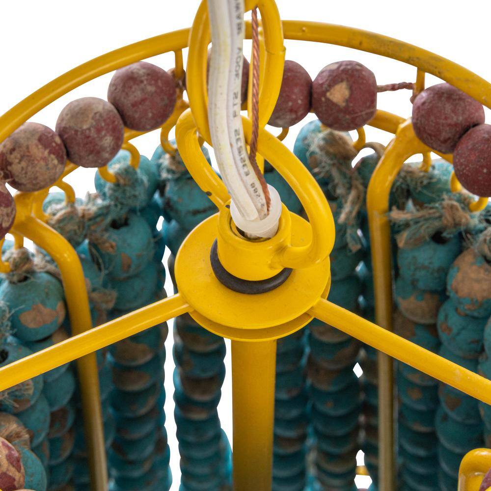 Eclectic Boho Multicolor Wood Beaded Chandelier with Yellow Metal Canopy