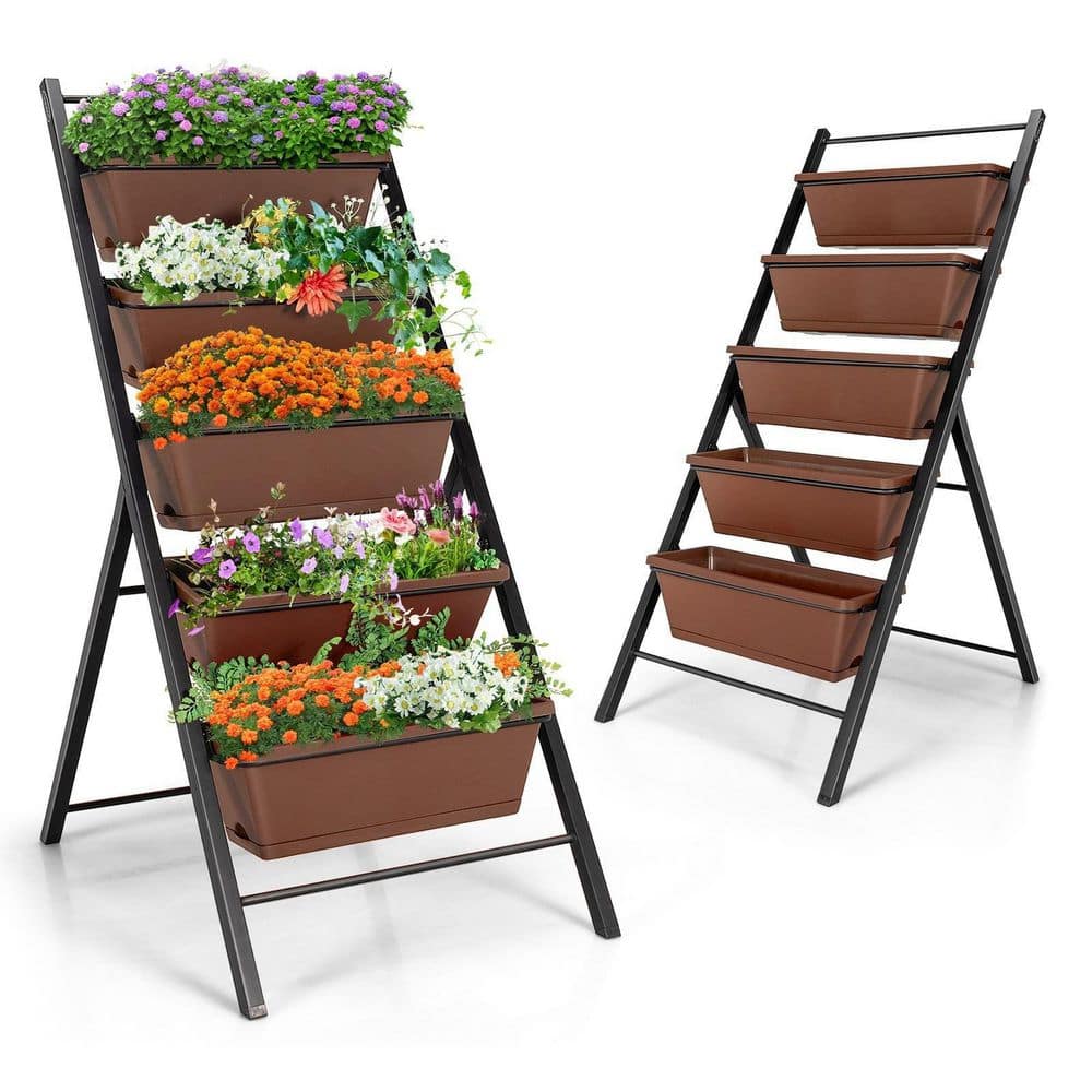 Brown 5-Tier Iron Vertical Garden Planter for Indoor/Outdoor Use