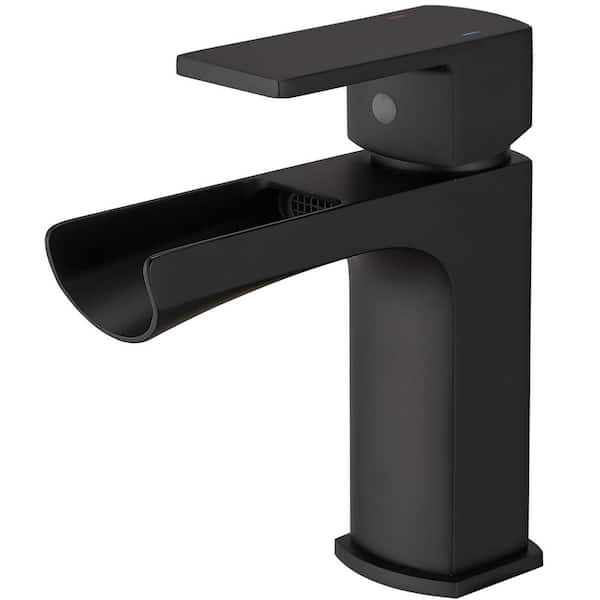 Single Handle Single Hole Bathroom Faucet with Pop-up Drain Modern Brass Waterfall Sink Vanity Faucets in Matte Black