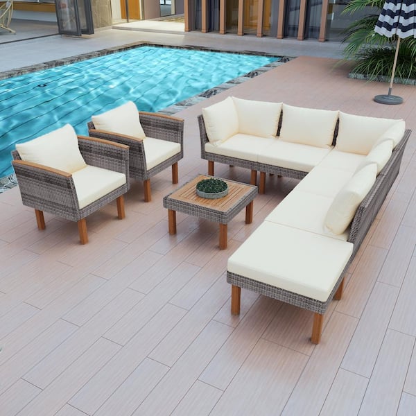 Unbranded 9-Piece Wicker Outdoor Sectional Set, Patio Rattan Conversation Set with Wood Legs Tabletop, Beige Washable Cushions
