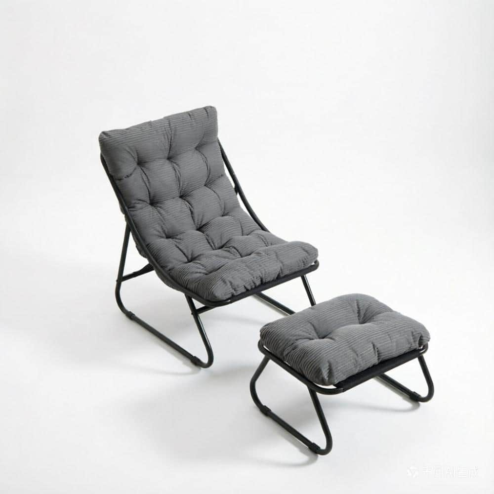 25 in. Grey Corduroy Cushioned Patio Sling Recliner Chair with Ottoman and Powder-Coated Steel Frame