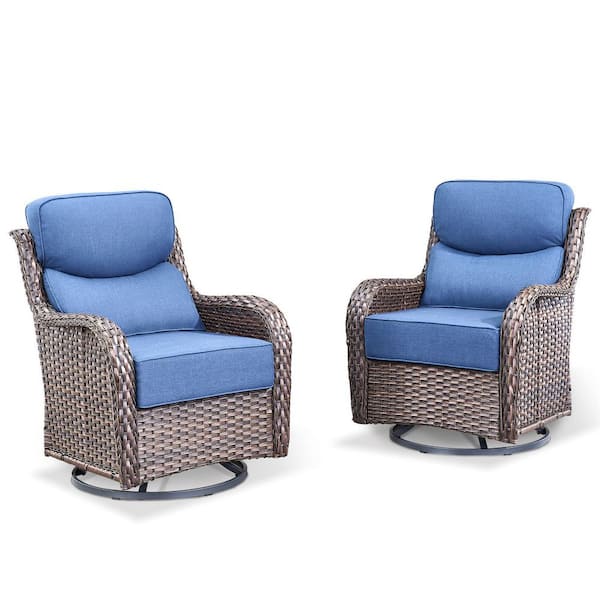 NovaSwivel 4-Piece Brown Wicker Outdoor Swivel Glider Patio Rocking Chair with 6 in. Thick Blue Cushions and Ottoman