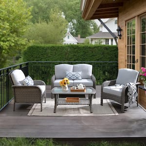 Tampa Gray 4-Piece Wicker Modern Outdoor Patio Conversation Sofa Loveseat Seating Set with Light Grey Cushions