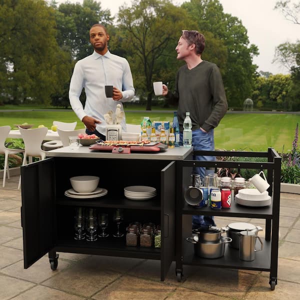 60.8 in. Outdoor Kitchen Grill Cart with Stainless Steel Top-Mobile Natural Gas Grill Island in Black, Storage Shelves