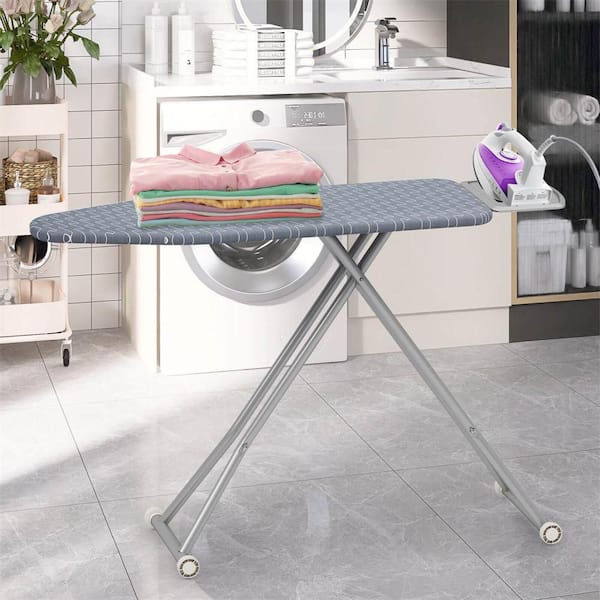 Gray Non-Electric Metal Fold out No Swivel Ironing Board with Removable Silver-coated Cover and Heavy-duty Steel Frame
