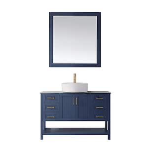 Modena 48 in. Vanity in Blue with Tempered Glass Top in Black with White Vessel Sink and Mirror
