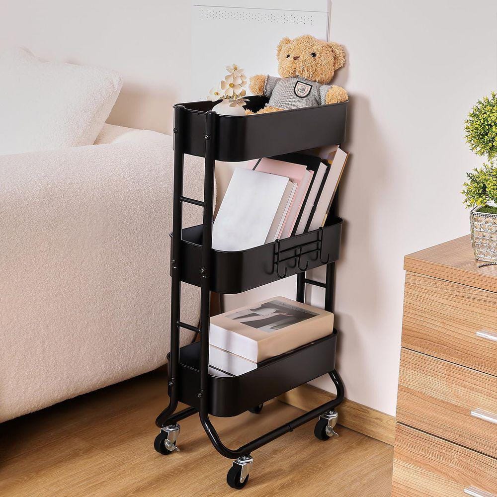 Black 3-Shelf Slim Rolling Utility Cart with Extra Hook, Metal Mesh Baskets, Narrow Storage Organizer