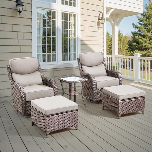 Moonluxe Brown Swivel Glider Wicker Outdoor Rocking Chair with Beige Olefin 6 in. Thick Cushions/Ottoman (5-Piece)