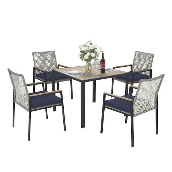 Unbranded 5-Piece Wicker Outdoor Dining Table Sets, Patio Conversation Set Acacia Wood Table Top with Umbrella Hole, Blue Cushions