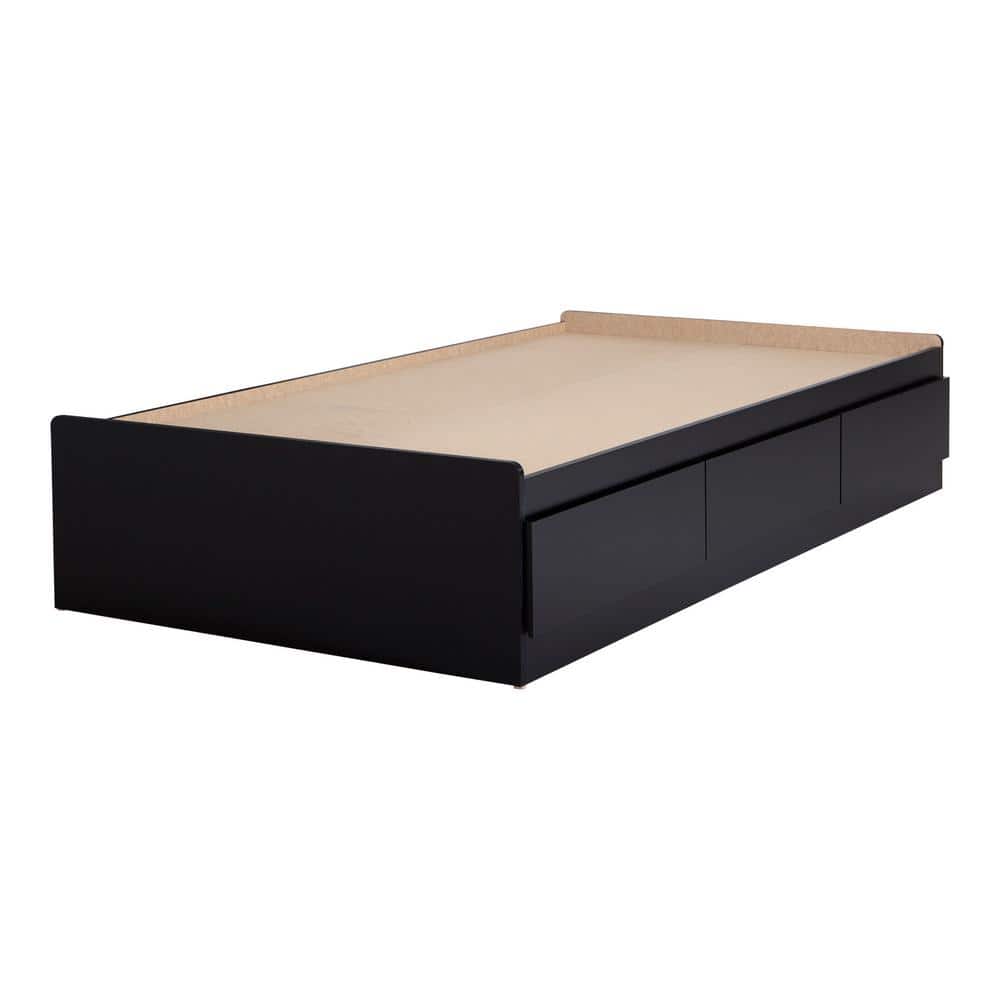 Pure Black Twin Wood Platform Bed with 3 Drawers