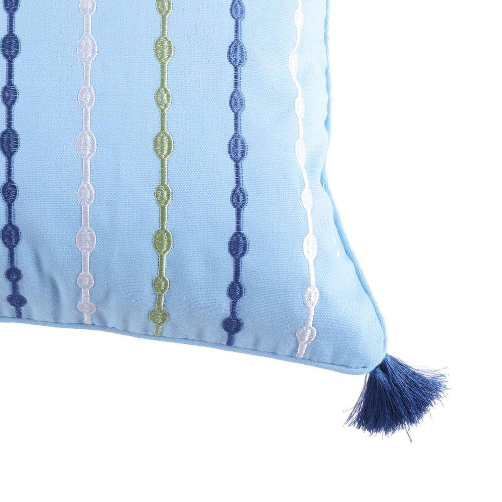 Blue and Green Embroidered Rectangular Tassel Throw Pillow