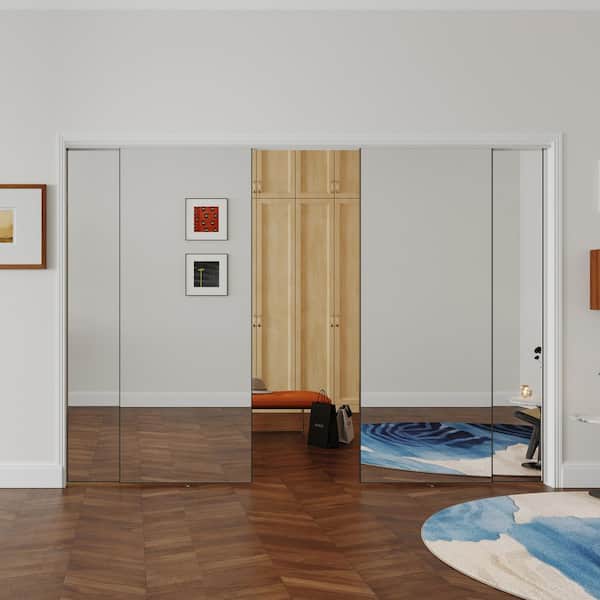 120 in. x 80 in. Full Lite, MDF, Black, Mirrored Glass Sliding Door with Aluminum Frame and Handles