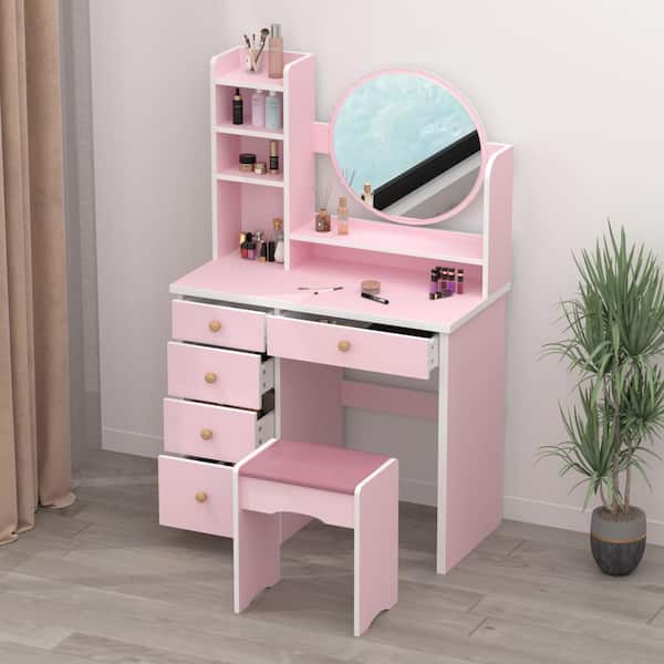Ladies Dressing Table Vanity Set Makeup Table Storage Drawer Stool Pink - White 