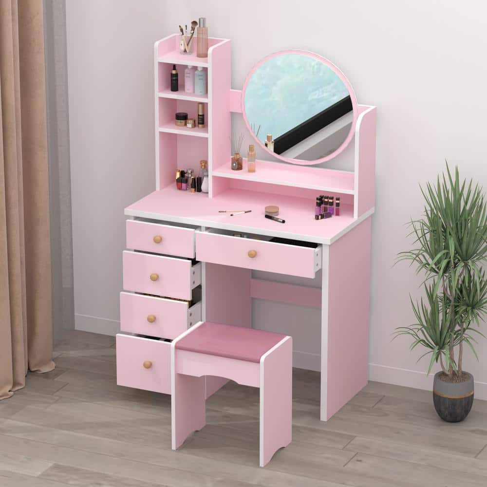 WIAWG 5-Drawers Makeup Vanity Dressing Table Set with Stool, Mirror and Storage Shelves Girls Dressing Table WFKF210095-02 The Home