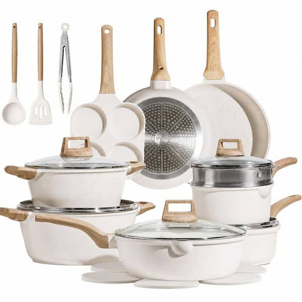 21-Pieces White Granite Pots and Pans Set, Nonstick Cookware Sets, Induction Cookware with Frying Pans Saucepans