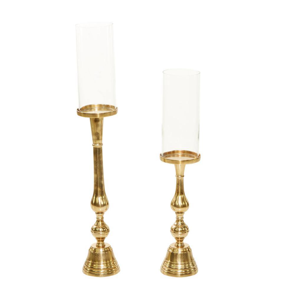 Gold Aluminum and Glass Tall Hurricane Candle Lantern Set