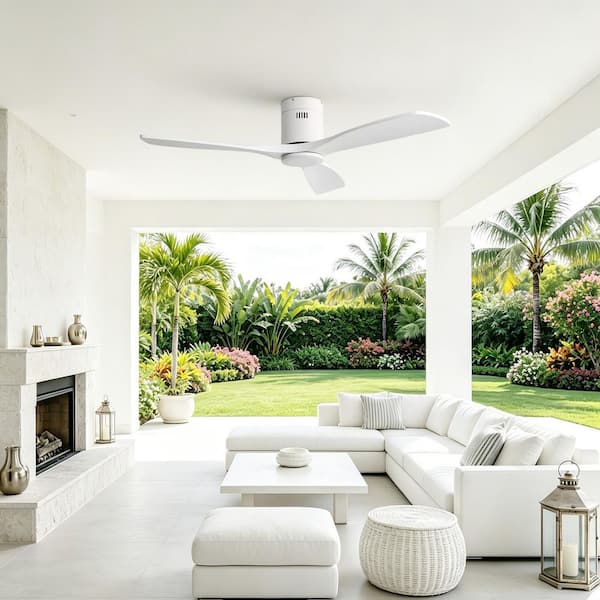 52 in. Indoor/Outdoor Modern Standard Flush Mount White 3-Solid Wood Ceiling Fan with DC Reversible Remote Control
