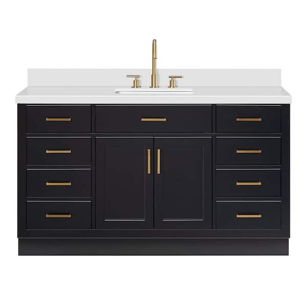 Hepburn 61 in. W x 22 in. D x 36 in. H Single Sink Freestanding Bath Vanity in Black with Pure White Quartz Top