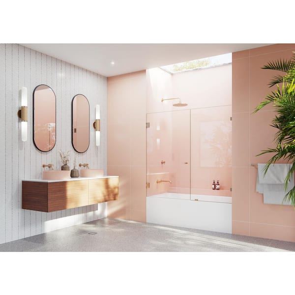 Illume 58.25 in. W x 58.25 in. H Wall Hinged Frameless Tub Door in Brushed Bronze with Clear Glass