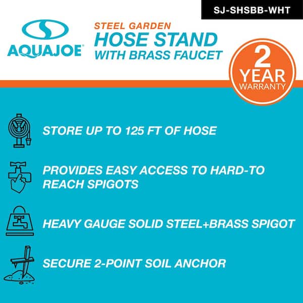 Aqua Joe SJ-SHSBB-WHT Garden Hose Stand with Brass Faucet (White)