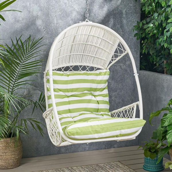 Noble House Malia White Removable Cushions Faux Rattan Outdoor Patio Lounge Chair with Green Cushion