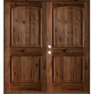 60 in. x 80 in. Rustic Knotty Alder Arch Top Provincial Stain/V-Groove Right-Hand Wood Double Prehung Front Door