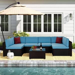 7-Piece Wicker Patio Conversation Set with Blue Cushions
