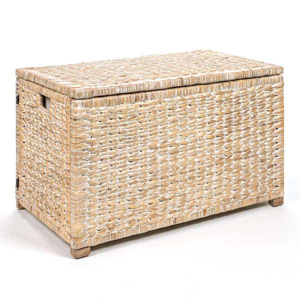happimess Anada 30 in. Handwoven Wicker Weave Storage Trunk, Whitewash