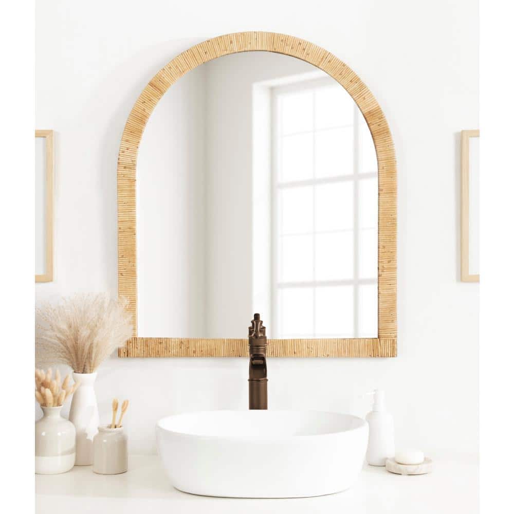 Natural Wood Boho Arch Rattan Wall Mirror, 28 x 32